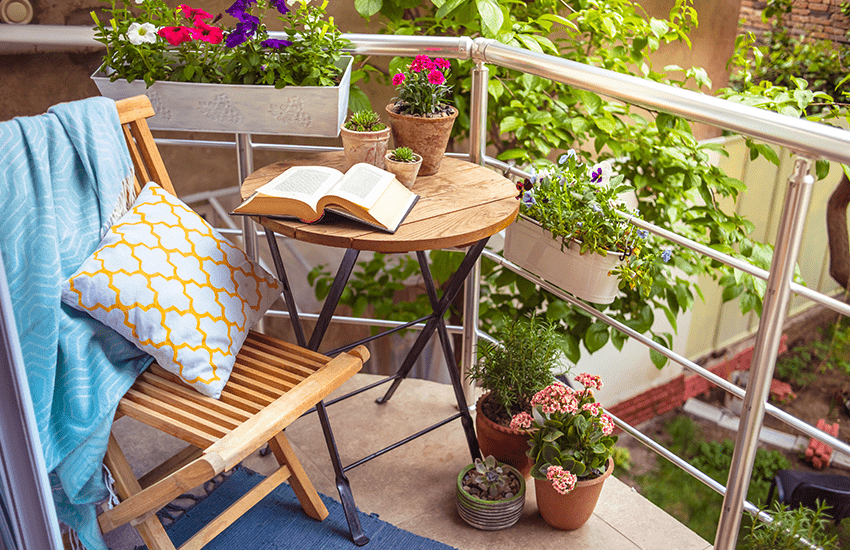 Greenery can be cleverly incorporated even in a small balcony