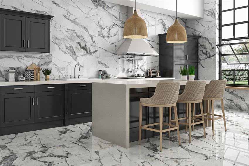 Marble Finish Kitchen Wall Tile Design