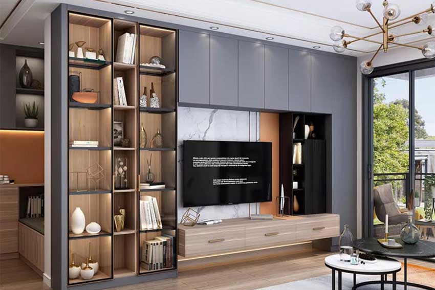 Floor-to-ceiling Shelves for the TV Unit Design